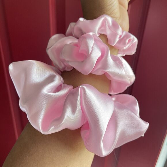 3 New Pink Satin Scrunchies Hair Tie XLarge, Large, Small Set - Picture 2 of 16